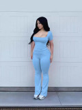 Women Summer Ribbed U-neck Short Sleeve Top and Pant Two-piece Set