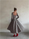 Women Autumn U-neck Plaid Long Sleeve Belt Dress