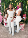 Women Summer Ribbed U-neck Short Sleeve Top and Pant Two-piece Set