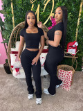 Women Summer Ribbed U-neck Short Sleeve Top and Pant Two-piece Set