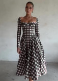 Women Autumn U-neck Plaid Long Sleeve Belt Dress