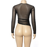 Women Spring Solid Mesh Patchwork Velvet Palm Long Sleeve See-Through Top