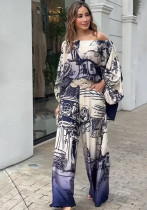 Women printed long-sleeved bat shirt Top And wide-leg pants two-piece set with free belt