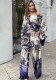 Women printed long-sleeved bat shirt Top And wide-leg pants two-piece set with free belt