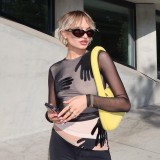Women Spring Solid Mesh Patchwork Velvet Palm Long Sleeve See-Through Top