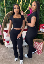 Women Summer Ribbed U-neck Short Sleeve Top and Pant Two-piece Set