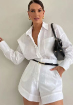 Women Casual long-sleeved shirt and Shorts two-piece set