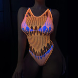 Women Fluorescent Pink Luminous Hollow Suspender Net Clothes Sexy Lingerie