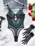 Women flower embroidery polka dot mesh hollow steel ring See-Through Sexy Lingerie two-piece set