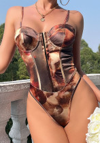 Women Street Satin Printed Suspender Sexy Backless Underwire Bodysuit