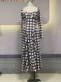 Women Autumn U-neck Plaid Long Sleeve Belt Dress