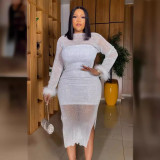 Africa Plus Size Women Bodycon Sequined White Dress