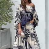 Women printed long-sleeved bat shirt Top And wide-leg pants two-piece set with free belt