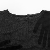 Women Spring Solid Mesh Patchwork Velvet Palm Long Sleeve See-Through Top