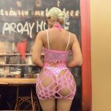 Women Fluorescent Pink Luminous Suspender Net Clothes Hollow Fishnet Sexy Lingerie