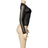 Women Spring Solid Mesh Patchwork Velvet Palm Long Sleeve See-Through Top