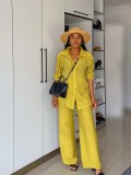 Women Casual long-sleeved shirt and straight pants two-piece set