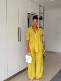 Women Casual long-sleeved shirt and straight pants two-piece set