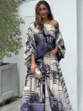 Women printed long-sleeved bat shirt Top And wide-leg pants two-piece set with free belt