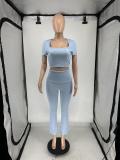Women Summer Ribbed U-neck Short Sleeve Top and Pant Two-piece Set