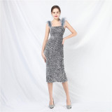 Elegant Feather Strap Sequin Evening Dress