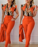 Stylish Printed Ruffle Sleeve Top Solid Color Pants Two Piece Set With Belt