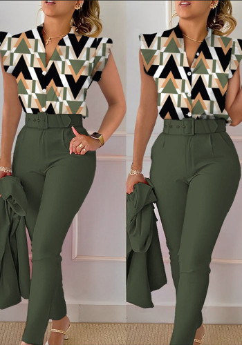 Stylish Printed Ruffle Sleeve Top Solid Color Pants Two Piece Set With Belt