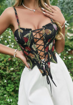 Low Back Vintage Jacquard Herringbone Lace-Up Strap Top