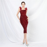 Elegant Feather Strap Sequin Evening Dress