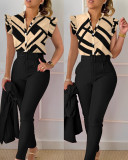 Stylish Printed Ruffle Sleeve Top Solid Color Pants Two Piece Set With Belt