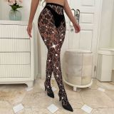 Black Rhinestone Beaded Transparent Fishnet Stockings