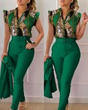Stylish Printed Ruffle Sleeve Top Solid Color Pants Two Piece Set With Belt