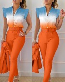 Stylish Printed Ruffle Sleeve Top Solid Color Pants Two Piece Set With Belt