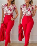 Stylish Printed Ruffle Sleeve Top Solid Color Pants Two Piece Set With Belt