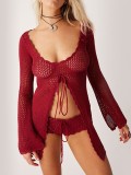 Sexy Slit Knitting Hollow Beach Bikini Swimsuit Cover-Up U-Neck Sun Protection Clothing