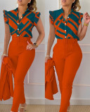Stylish Printed Ruffle Sleeve Top Solid Color Pants Two Piece Set With Belt