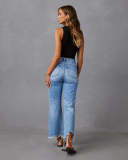Tassels Washed Ripped Long Denim Pants Casual Wide-Leg Trousers