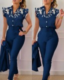 Stylish Printed Ruffle Sleeve Top Solid Color Pants Two Piece Set With Belt