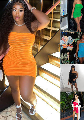 Spring Summer Women's Solid Color Strapless See-Through Mesh Sexy Mini Dress