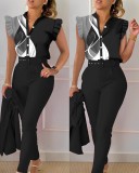 Stylish Printed Ruffle Sleeve Top Solid Color Pants Two Piece Set With Belt