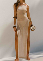 Strap Backless High Slit Beach Dress Sleeveless Knitting Dress Beach Cover-Up