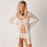 Sexy Slit Knitting Hollow Beach Bikini Swimsuit Cover-Up U-Neck Sun Protection Clothing