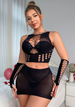 Sexy See-Through Hollow Mesh Sleeveless Skirt Set
