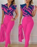 Stylish Printed Ruffle Sleeve Top Solid Color Pants Two Piece Set With Belt