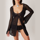 Sexy Slit Knitting Hollow Beach Bikini Swimsuit Cover-Up U-Neck Sun Protection Clothing
