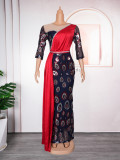 Patchwork Contrast African Women's Plus Size High Waist Sequin Long Dress