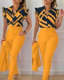 Stylish Printed Ruffle Sleeve Top Solid Color Pants Two Piece Set With Belt