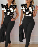 Stylish Printed Ruffle Sleeve Top Solid Color Pants Two Piece Set With Belt
