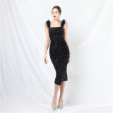 Elegant Feather Strap Sequin Evening Dress