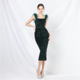 Elegant Feather Strap Sequin Evening Dress
